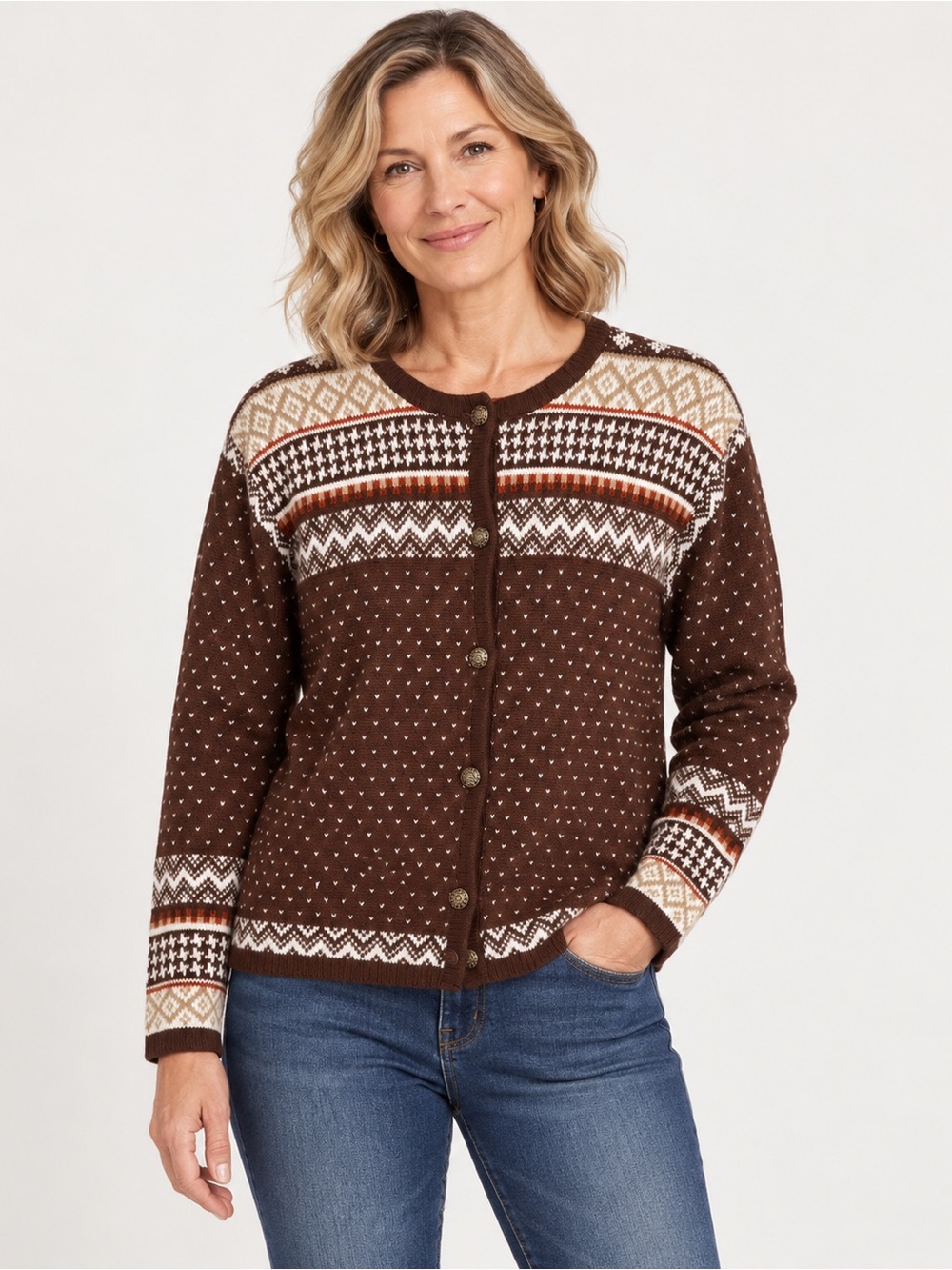Vintage Hasting & Smith Fair Isle Nordic Cardigan Sweater Brown XL